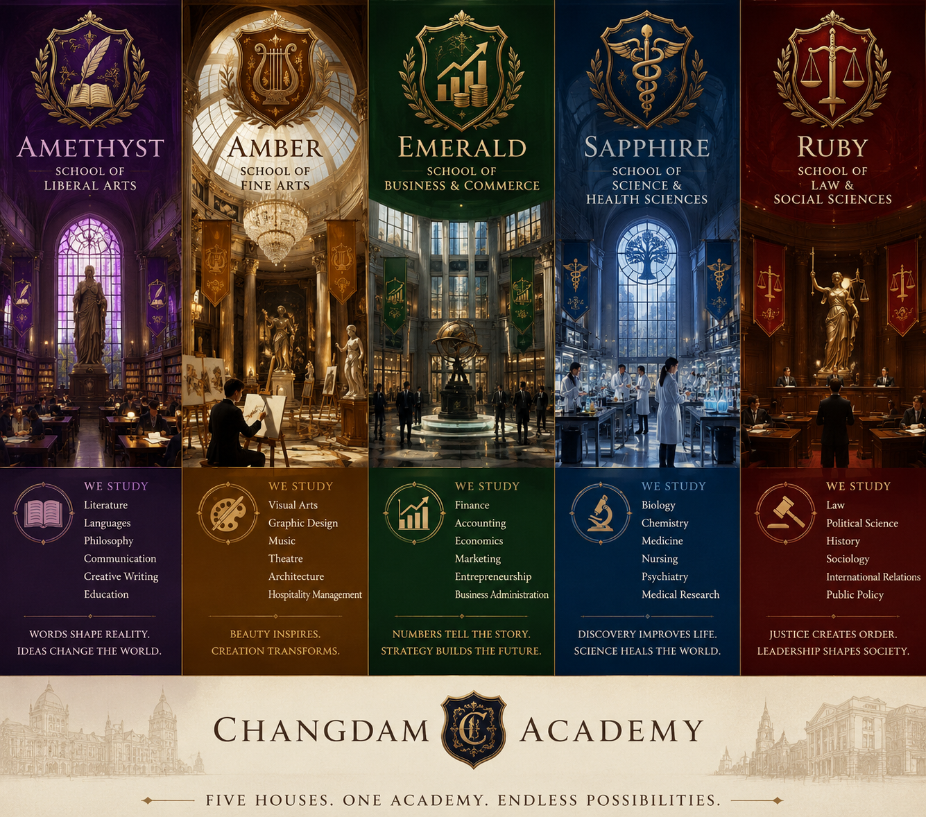 Five Changdam Academy houses poster