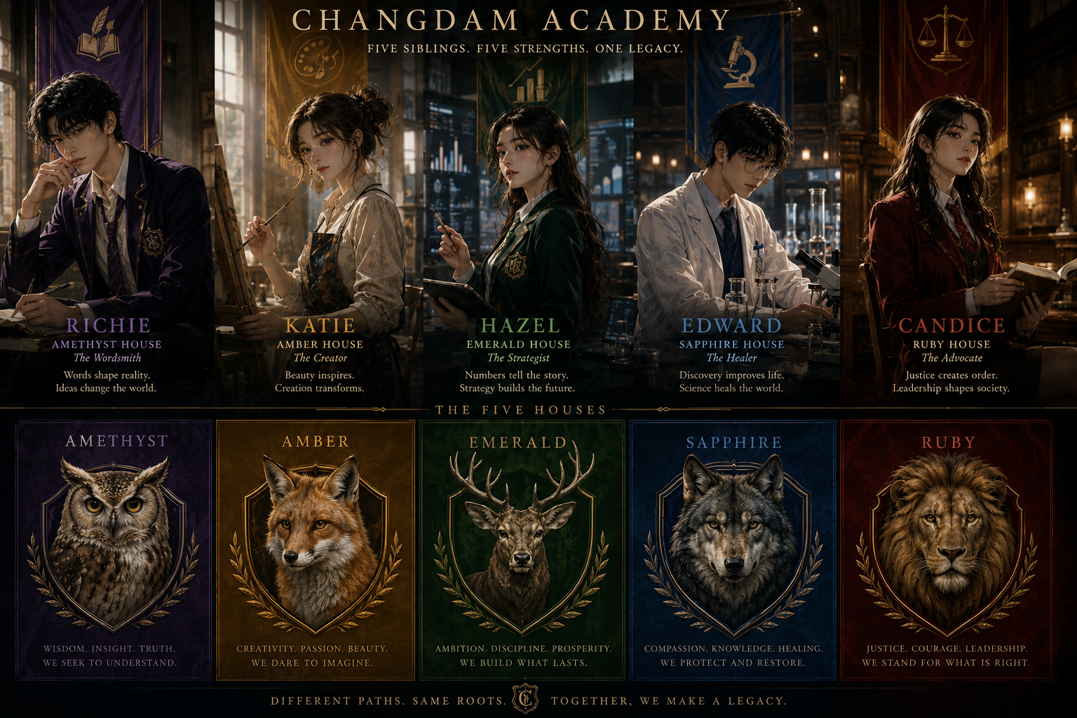 House animals: owl, fox, stag, wolf, lion